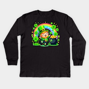 A cute Irish Lad dancing an Irish jig celebrates St Patrick's Day with a rainbow pot of gold and shamrocks Irish Pride Irish American four leaf clovers Irish dance Kids Long Sleeve T-Shirt